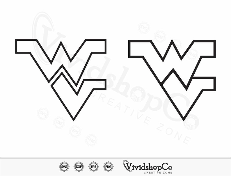 May include: Black and white outline of the West Virginia University Mountaineer logo. The logo is a stylized 'W' with two overlapping 'V's.