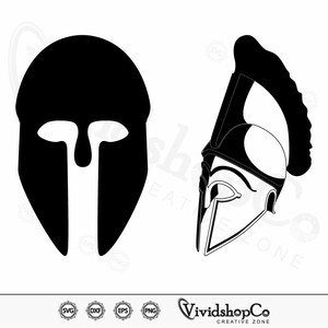May include: Two black and white Spartan helmet designs. One is a simplified front view, the other a side profile with a crest. The image includes the text "VividshopCo CREATIVE ZONE" and file type icons.
