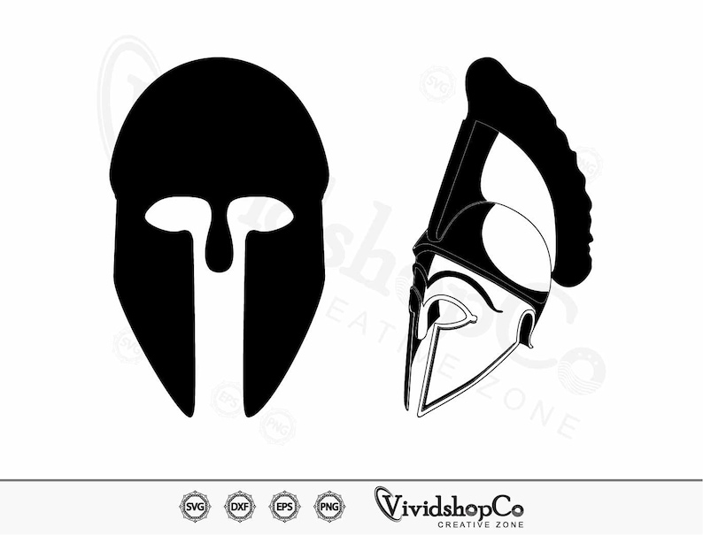 May include: Two black and white Spartan helmet designs. One is a simplified front view, the other a side profile with a crest. The image includes the text "VividshopCo CREATIVE ZONE" and file type icons.