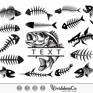 以下が含まれることがあります： 黒と白のデジタルデザインで、バスの魚の骨格が描かれており、その上に「TEXT」という文字が書かれたバナーがあります。デザインには、さまざまなポーズをとった魚の骨格も含まれています。