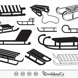 May include: A set of nine black and white silhouette images of sleds. The sleds are in various styles, including traditional wooden sleds with runners, and sleds with a more modern design. The images are perfect for use in crafts, scrapbooking, or digital design.