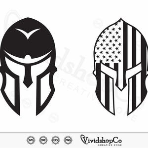 May include: Two black Spartan helmet designs. One helmet is a solid black silhouette. The other helmet features the American flag design with stars and stripes. The image includes the text "VividshopCo CREATIVE ZONE".
