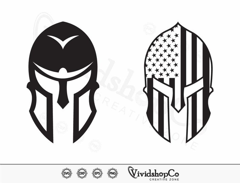 May include: Two black Spartan helmet designs. One helmet is a solid black silhouette. The other helmet features the American flag design with stars and stripes. The image includes the text "VividshopCo CREATIVE ZONE".