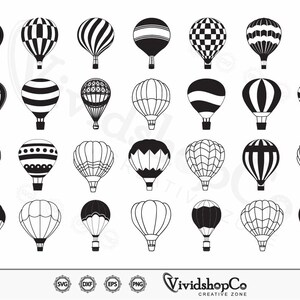 May include: A set of 30 black and white hot air balloon silhouette illustrations. The balloons are in various shapes and patterns, including stripes, polka dots, and checkered.