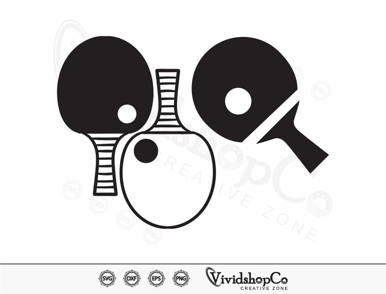 May include: Black and white silhouette of three ping pong paddles. The paddles are arranged in a triangular shape with the handle of one paddle extending to the right.
