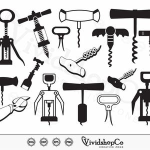 May include: A set of 14 black and white silhouette illustrations of different types of corkscrews. The corkscrews are shown in various positions and angles.