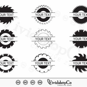 Puede incluir: Una colección de nueve diseños de hojas de sierra en blanco y negro con el texto "YOUR TEXT" en una pancarta horizontal. La imagen incluye iconos de tipo de archivo y el logotipo de VividshopCo Creative Zone.