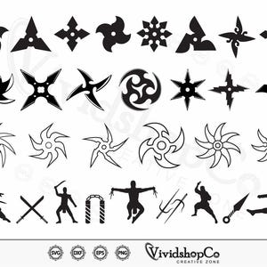 May include: A set of 20 black and white vector illustrations of ninja stars, also known as shurikens, and ninja figures. The illustrations include various shapes and designs of shurikens, as well as two ninja figures with weapons.