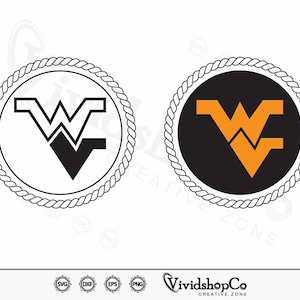 May include: A black and white graphic of the West Virginia University Mountaineers logo. The logo is a stylized "W" with a mountain range inside. The logo is surrounded by a rope border.