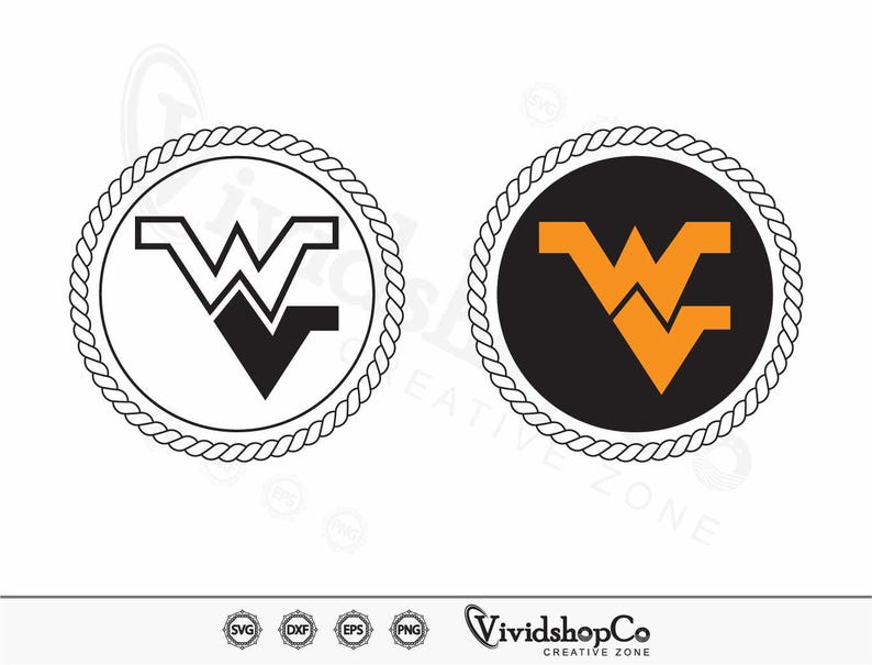 May include: A black and white graphic of the West Virginia University Mountaineers logo. The logo is a stylized "W" with a mountain range inside. The logo is surrounded by a rope border.