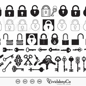 May include: A set of 30 black and white vector illustrations of padlocks and keys. The padlocks are in various shapes, including heart, square, and round. The keys are also in various shapes, including skeleton keys and ornate keys.