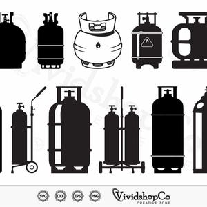 Puede incluir: Ilustraciones vectoriales en blanco y negro de varios tanques y cilindros de propano. Los diseños incluyen diferentes formas y tamaños, algunos con válvulas y manijas. La imagen también incluye el texto "VividshopCo CREATIVE ZONE" e iconos SVG, DXF, EPS y PNG.