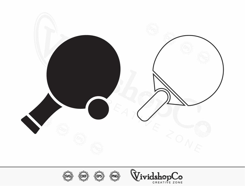 May include: Black and white silhouette of two ping pong paddles, one with a ball, against a white background.