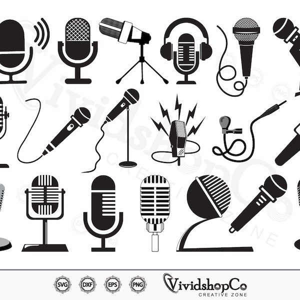 Microphone svg, Headphones svg, Mic Stand svg, Music svg, Clipart, Cut Files for Silhouette, Vector, dxf, eps, png, Design