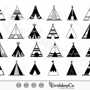 May include: A set of 20 black and white teepee silhouette illustrations. The teepees are decorated with various geometric patterns.