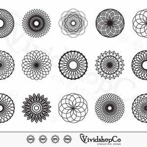 Op de afbeelding: Set van 16 geometrische mandala-ontwerpen in zwart en wit. De mandala's zijn rond en hebben ingewikkelde patronen van lijnen en krommen.