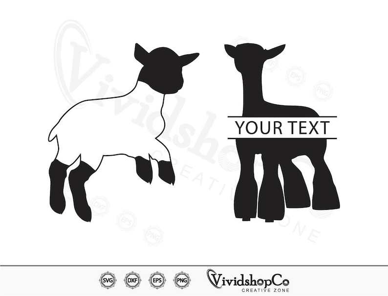 May include: Black and white silhouette of a lamb with the text "YOUR TEXT" in a banner above it. The lamb is standing on four legs with its head held high.