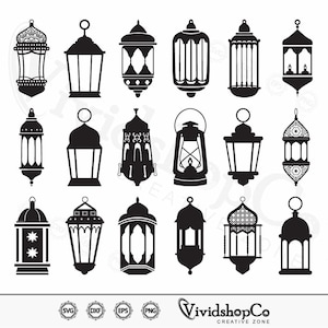 Puede incluir: Un conjunto de 24 ilustraciones en silueta de color negro y blanco de linternas. Las linternas son de diversas formas y tamaños, algunas con diseños intrincados.