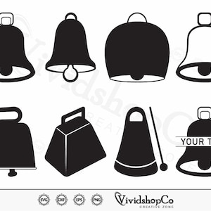 May include: A collection of eight black bell illustrations in various shapes and styles. Some bells have handles, clappers, or a place for text. The image includes the text "YOUR TEXT" and the VividshopCo Creative Zone logo.