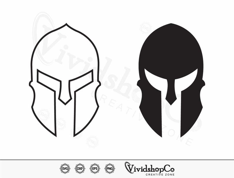 May include: Two Spartan helmet designs. One is a black silhouette, the other is a black outline. The helmets have a distinctive crest and face guard. The image includes the text "VividshopCo CREATIVE ZONE" and file type icons.