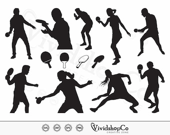 May include: Silhouettes of people playing table tennis. The image shows multiple players in various poses, holding paddles and balls. The image also includes several table tennis paddles.