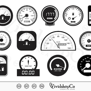 Pode incluir: Um conjunto de 10 ícones de velocímetro e medidor de combustível em preto e branco. Os ícones são de vários estilos, incluindo redondo, quadrado e retangular. Alguns dos ícones incluem texto como "SPEED TEST", "RACING" e "FUEL".