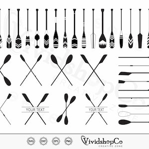 Peut inclure: Illustrations vectorielles en noir et blanc de pagaies et d'avirons. L'image présente divers modèles de pagaies, certains avec des motifs géométriques, et des rames croisées, adaptés aux projets d'artisanat ou de design. Le texte "YOUR TEXT" est inclus dans certains modèles.