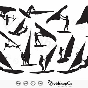 Peut inclure: Illustrations en silhouette noire de surfeurs pratiquant la planche à voile dans diverses poses, sur des planches avec des voiles. L'image comprend le logo VividshopCo Creative Zone et les icônes SVG, DXF, EPS et PNG.