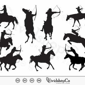May include: A collection of black silhouette images of archers on horseback. The archers are depicted in various poses, drawing their bows and aiming. The horses are shown in motion, galloping, jumping, and rearing up.