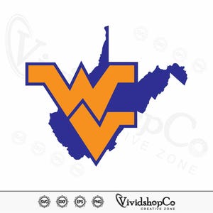 May include: A blue outline of the state of West Virginia with a large orange "W" inside. The "W" is made up of two overlapping "V" shapes.