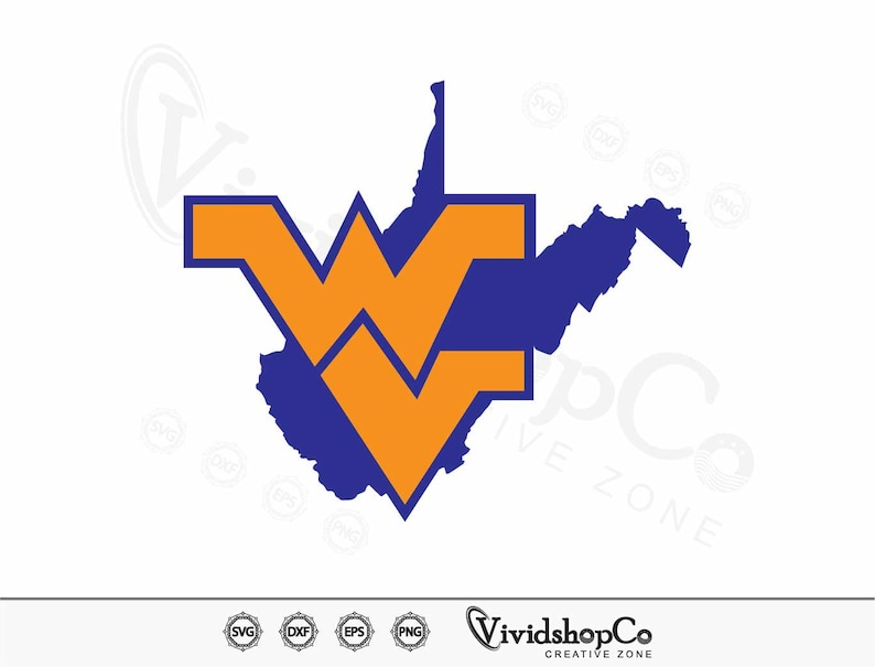 May include: A blue outline of the state of West Virginia with a large orange "W" inside. The "W" is made up of two overlapping "V" shapes.