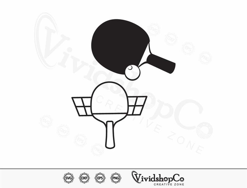 May include: Black and white line art illustration of two ping pong paddles and a ball. One paddle is in the air and the other is on a table with a net.