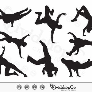Könnte beinhalten: Eine Sammlung von acht schwarzen Silhouetten, die Personen bei verschiedenen Breakdance-Bewegungen und athletischen Posen zeigen. Die Grafik enthält den Text VividshopCo Creative Zone sowie Symbole für SVG-, DXF-, EPS- und PNG-Dateiformate.