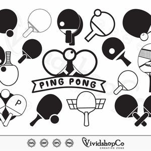 May include: A set of 15 black and white ping pong paddle and ball illustrations. The illustrations include paddles with nets, paddles with the letters "P" on them, and paddles with a ball on the end of the handle. The text "PING PONG" is included in the image.