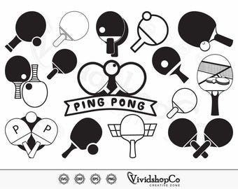 May include: A set of 15 black and white ping pong paddle and ball illustrations. The illustrations include paddles with nets, paddles with the letters "P" on them, and paddles with a ball on the end of the handle. The text "PING PONG" is included in the image.