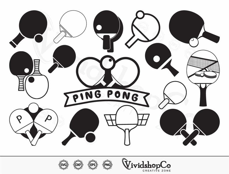 May include: A set of 15 black and white ping pong paddle and ball illustrations. The illustrations include paddles with nets, paddles with the letters "P" on them, and paddles with a ball on the end of the handle. The text "PING PONG" is included in the image.