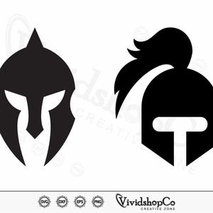 May include: Two black Spartan helmet designs. The first helmet has a pointed top and a distinctive face guard. The second helmet features a crest and a T-shaped face guard. The image includes the text "VividshopCo CREATIVE ZONE".