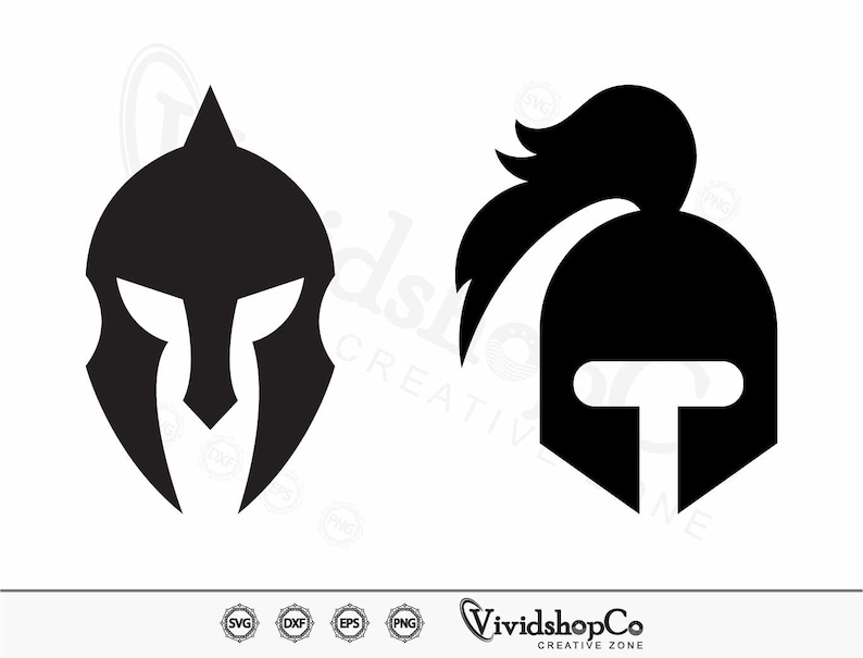 May include: Two black Spartan helmet designs. The first helmet has a pointed top and a distinctive face guard. The second helmet features a crest and a T-shaped face guard. The image includes the text "VividshopCo CREATIVE ZONE".