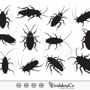May include: Black cockroach silhouettes in various poses. The image features multiple insect illustrations, including detailed antennae and legs, perfect for graphic design projects. The VividshopCo logo is in the bottom right corner.