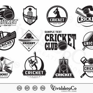 May include: A selection of black and white cricket logos featuring cricket balls, bats, and wickets. Text includes "Cricket Club," "World Cup," and "Tournament." Ideal for sports teams or businesses associated with cricket. Designs are in a classic style.