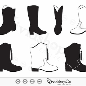May include: A collection of black and white boot silhouettes. The boots vary in style, including knee-high, ankle, and cowboy boot designs. Some boots have tassels, and others feature decorative stitching. The image includes the text "VividshopCo CREATIVE ZONE".