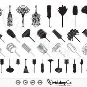 May include: A set of 30 black and white vector illustrations of different types of dusters. The dusters are all in a simple, line art style. The dusters are perfect for cleaning and dusting.