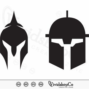 May include: Two black helmet designs. One is a Spartan helmet with a prominent central spike and angular features. The other is a Mandalorian-style helmet with a T-shaped visor. The image includes the text "VividshopCo CREATIVE ZONE".