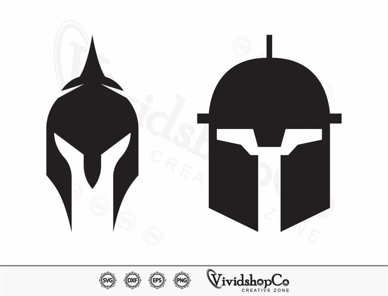 May include: Two black helmet designs. One is a Spartan helmet with a prominent central spike and angular features. The other is a Mandalorian-style helmet with a T-shaped visor. The image includes the text "VividshopCo CREATIVE ZONE".