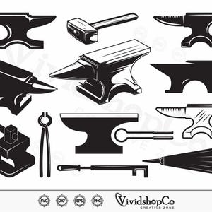 May include: A set of black and white vector illustrations of blacksmithing tools, including an anvil, hammer, tongs, and a horseshoe. The illustrations are in a vintage style and would be perfect for use in a variety of projects, such as website design, print media, or social media.