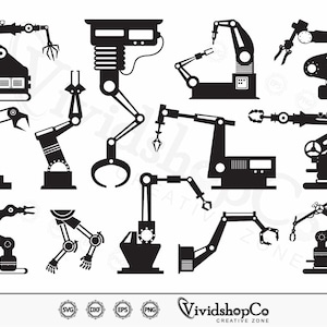 May include: A set of 12 black and white robot arm silhouettes. The robot arms are in various poses, some with grippers, some with claws, and some with welding tools. The robot arms are all in a simple, stylized design.