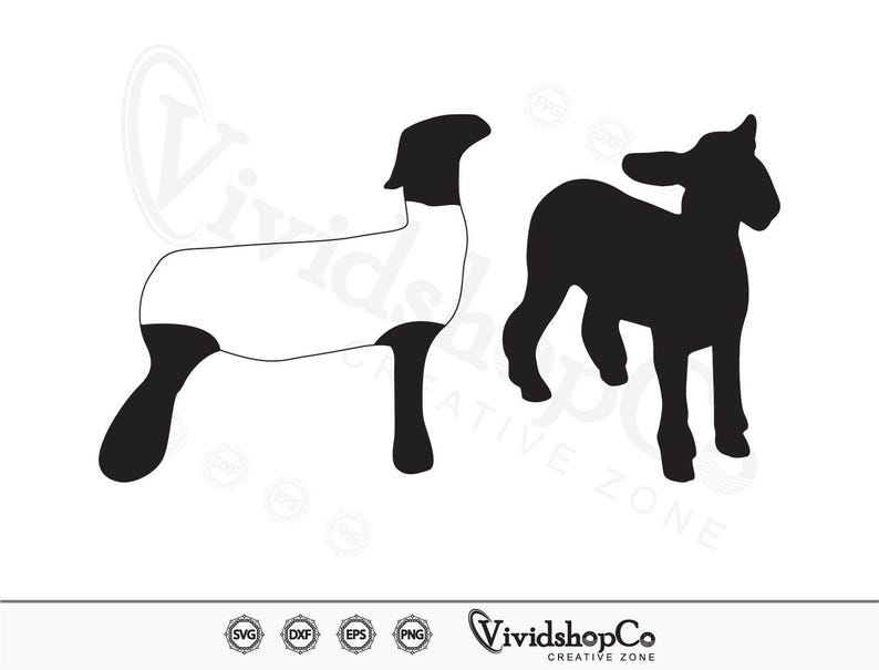 May include: Black and white silhouette of a sheep standing on all four legs. The sheep is facing to the left. There is a second black silhouette of a sheep standing on all four legs. The sheep is facing to the right. The sheep are both in a simple, flat style.