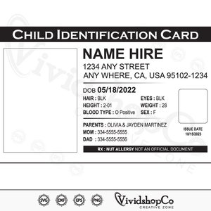 Child ID Card SVG, Child Identification Card, ID Card svg, Clipart, Cut Files for Silhouette, Files for Cricut, Vector, dxf, png, Design