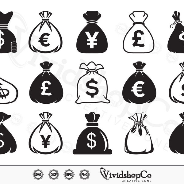 Money Bag SVG, Money Bag Icon Clipart, Doller Bag svg, Euro Bag SVG, Pound bag, Yen Bag Sign, Cut file, for silhouette, svg, eps, dxf, png