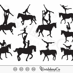 Op de afbeelding: Zwarte silhouet illustraties van paardensportfiguren die verschillende poses uitvoeren op paarden. De afbeelding bevat meerdere figuren, paarden en het VividshopCo Creative Zone logo, samen met SVG, DXF, EPS en PNG iconen.